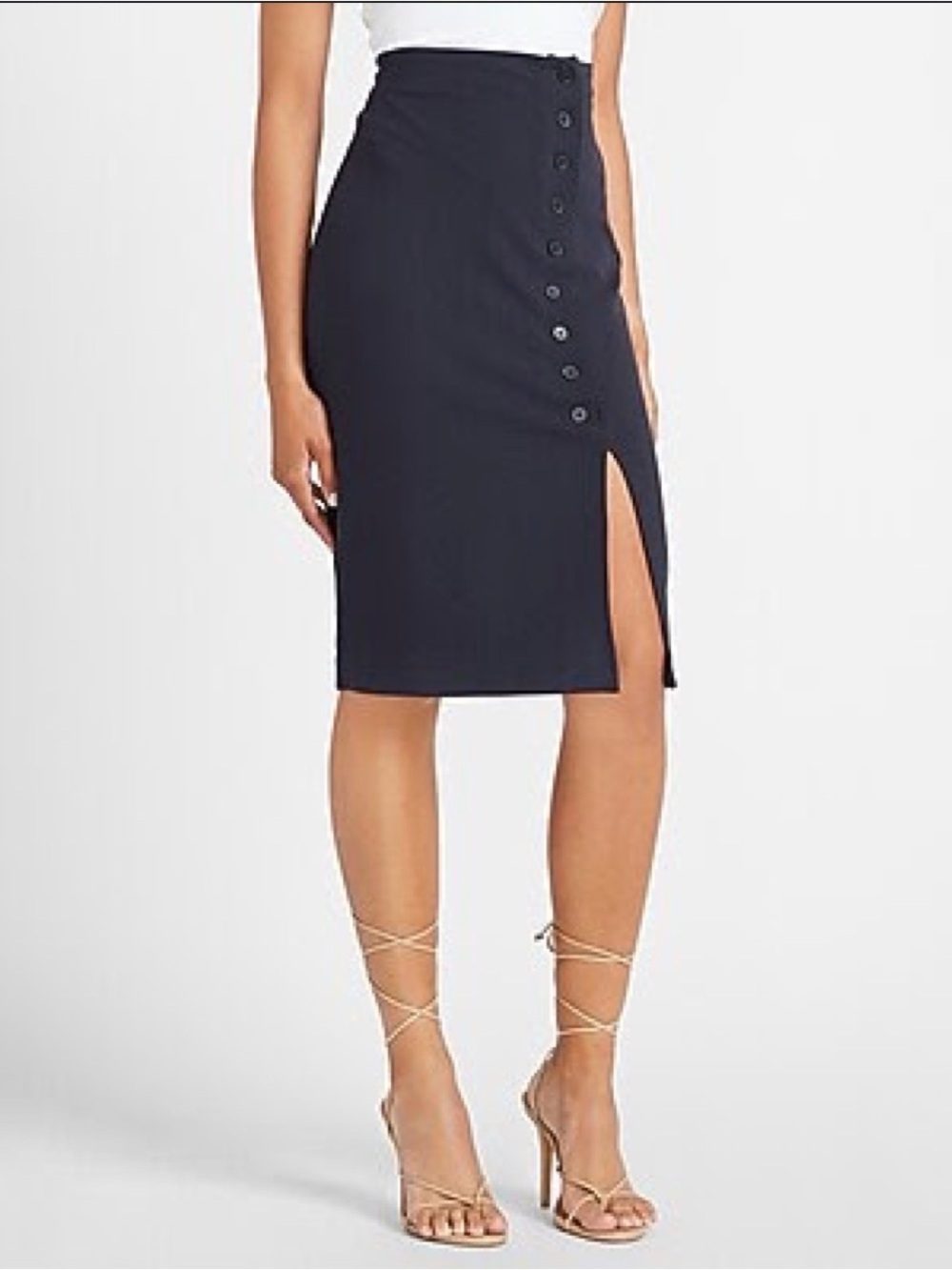 Express Stretchy Navy Blue Pencil Skirt with Slit and Buttons Chic Office XXS